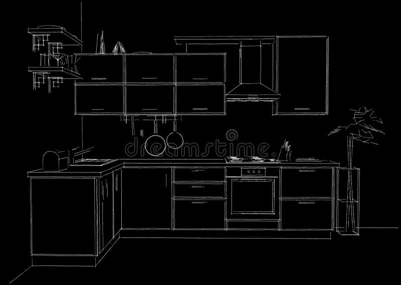 Sketch outline drawing of 3d contemporary corner kitchen interior black and white. Contemporary corner kitchen sketchy 3d illustration. White lines on black vector illustration