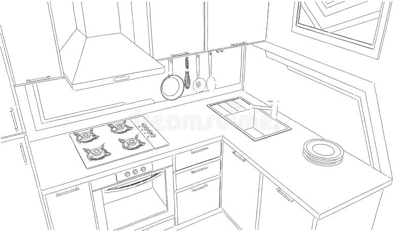 Small corner kitchen sketch drawing. Modern corner kitchen interior sketch with abstract painting on the wall royalty free illustration