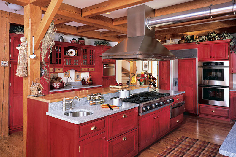 Красно-черная кухня в стиле кантри - Дизайн интерьера