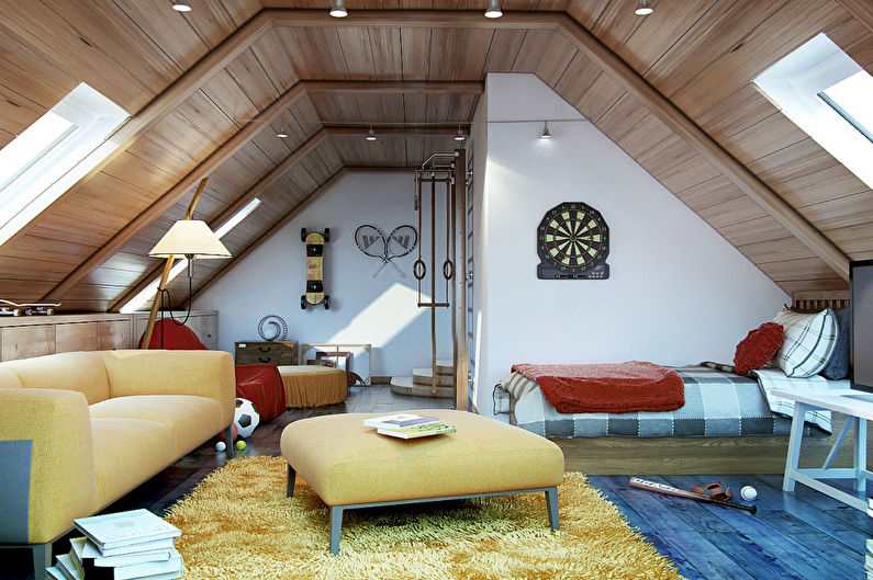 Дизайн комнаты на мансардном этаже со скошенным потолком фото