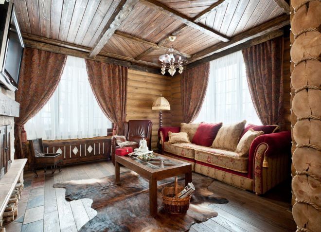 Гостиная в деревянном доме в стиле лофт