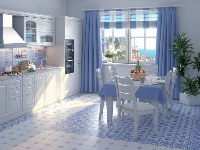 Голубые полы на кухне