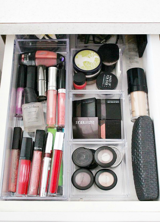 Make-up drawer with acrylic drawer dividers.