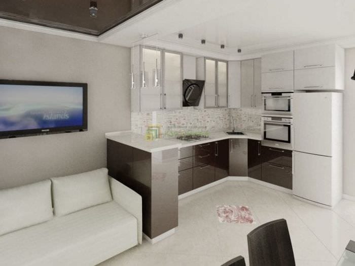 Фото дизайна модной кухни-гостиной в белом цвете 