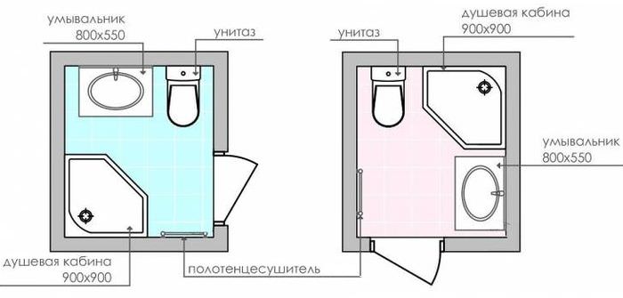 Схемы планировки компактного санузла с душевой кабиной в углу