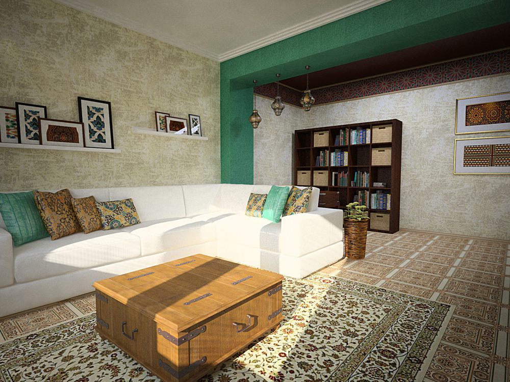 Белый диван в гостиной марокканского стиля
