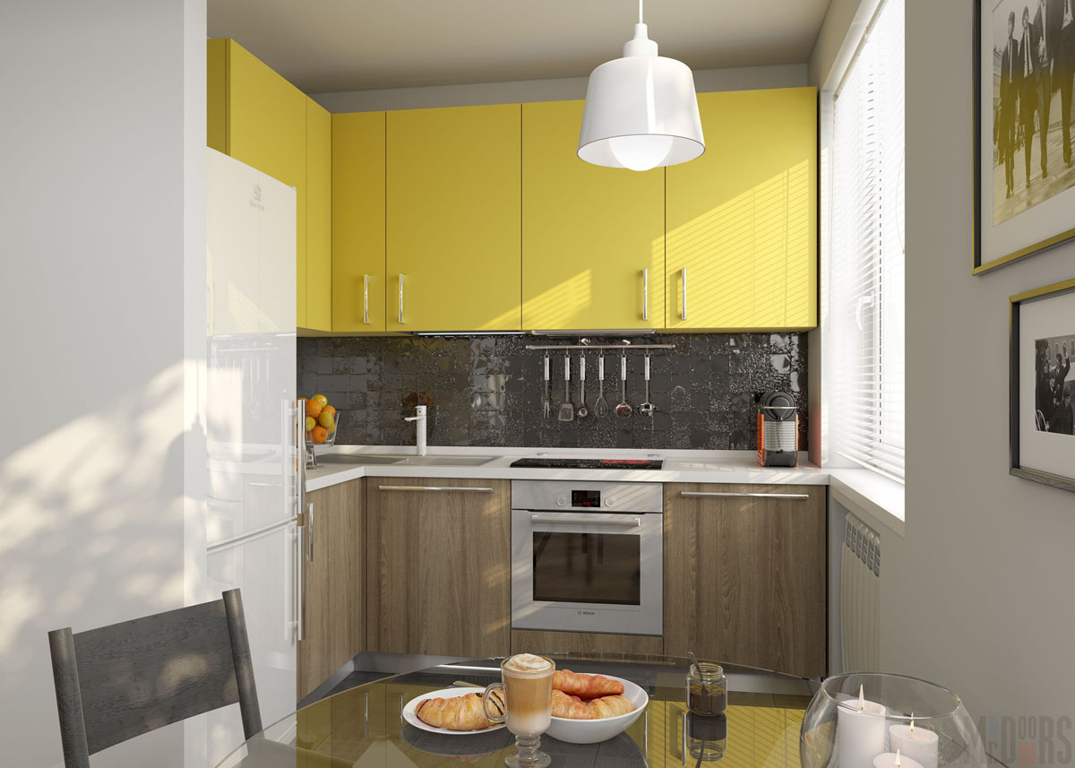 Кухня с ярко-желтыми фасадами