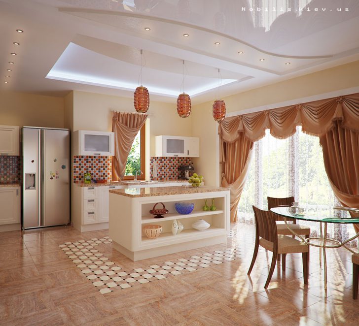 Для оформления просторной кухни можно использовать длинные шторы